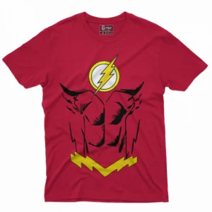 camiseta roja con estampado en el frente que imita el torso de flash