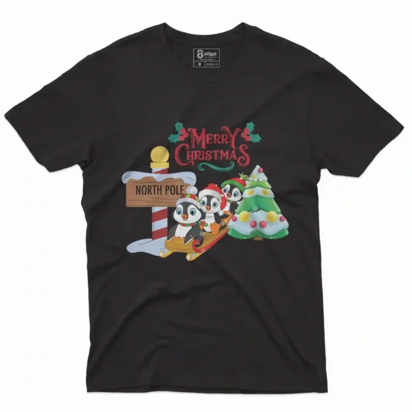 Camiseta navideña con illustración de dibujo navideño de pinguinos